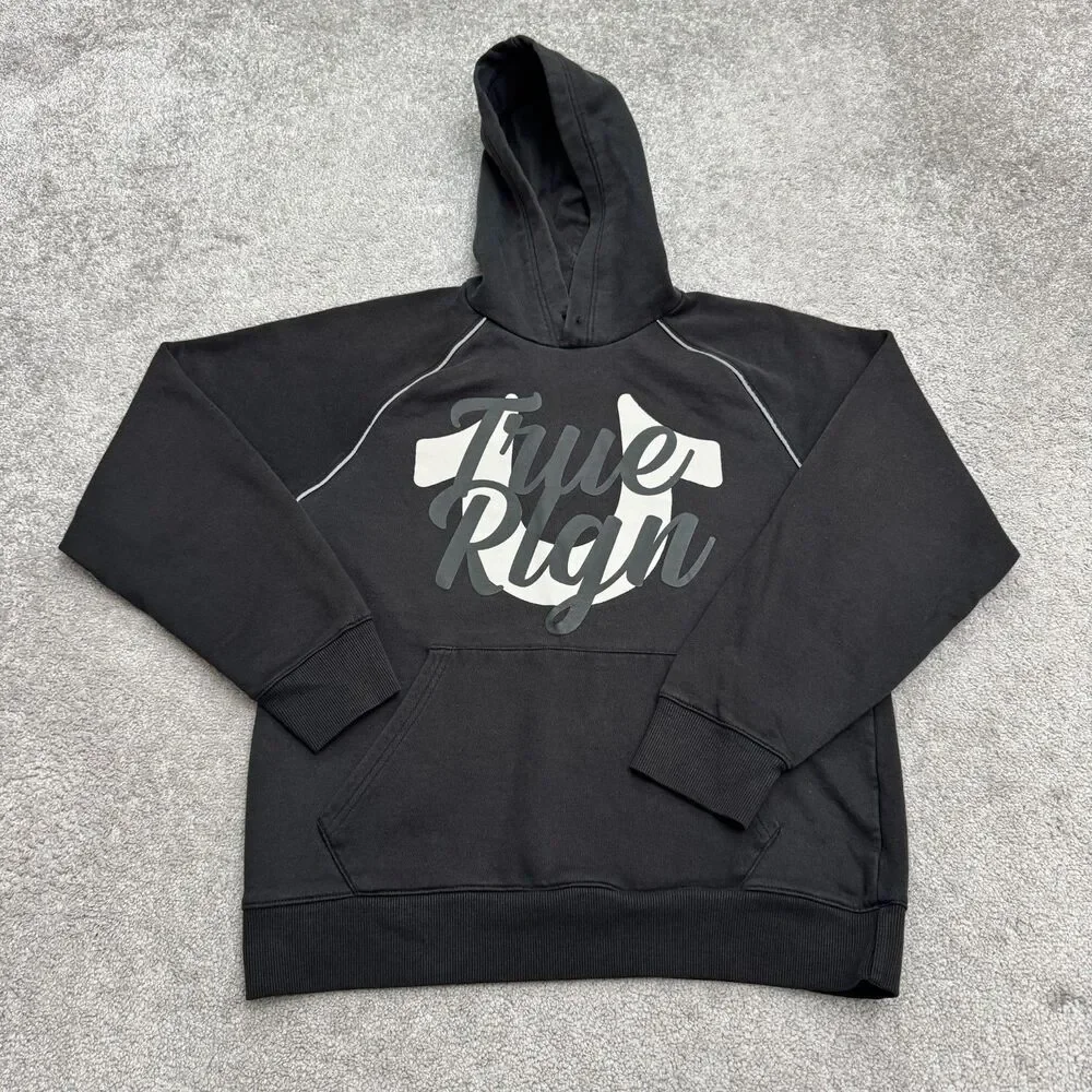 True Religion Big Logo Script Horseshoe Pullover Hoodie Men Small Black Raglan
